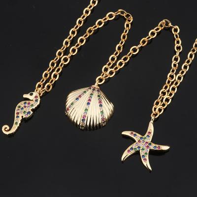 China South American Fashion Shine Zirconium 18k Gold Plated Conch Seahorse Seahorse Charm Necklace Korea Style for sale