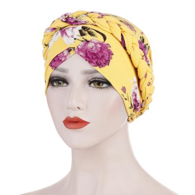 China 2021 Multifunctional Printed Milk Silk Turban Hat Fabric Brushed Floral Short Braid Muslim Baotou Hat for sale