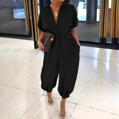 China Viable Women's Short Sleeve Button Casual Pants Loose Big Size Women's Black Loose Overalls for sale