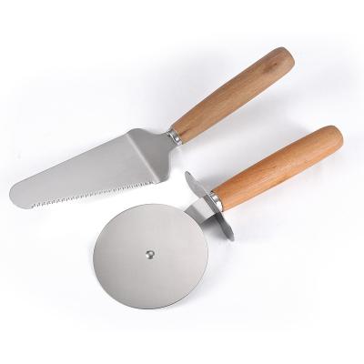 China Sustainable high quality 430 stainless steel pizza knife dish, oak handle/cake spatula pizza knife for sale