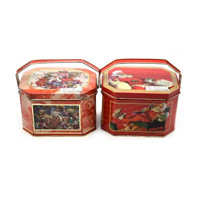 China Food Tin Box Custom Printed Octagonal Shape Biscuit Tin Package Box Festival Gift Candy Handle Metal Box for sale