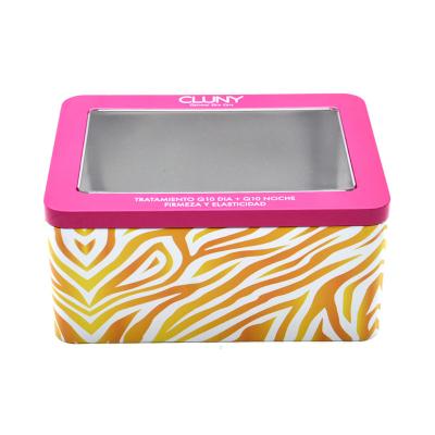 China Rectangle Gift Tin Can With See Through Window Cosmetics Tin Package Box Hot Sales Large Food Tin Box for sale