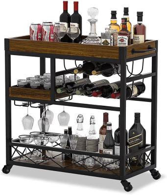 China PANEL Industrial Kitchen Bar Serving Carts 3 Tier Storage Cart with Wine Rack Holder Glass Rack for Kitchen Home for sale