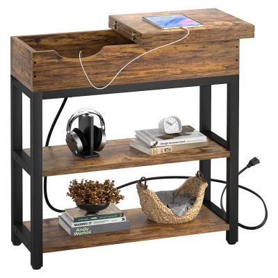 China Industrial Side Table with USB Ports and Outlets Narrow End Table with Charging Station Bedside Nightstand with Storage Shelves for sale