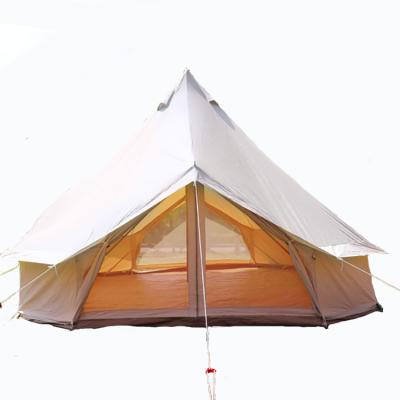 China Diamond Ground Nail 6M Wide Twin Tower Canvas Glamping Tent Hexagonal Luxury Canvas Tent Emperor Bell Wall Tent for Family Camping for sale