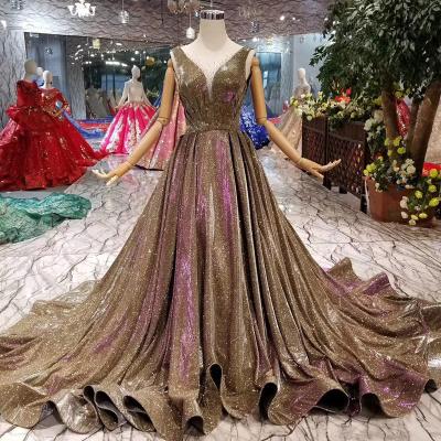 China Goldenes paillettenbesetztes V-Kragenabendkleid zu verkaufen