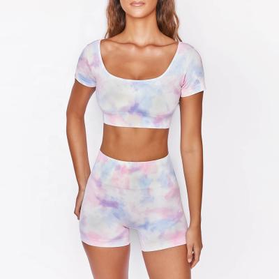 China Ptsport Antibacterial Women Tie Dye Print Shirt and Shorts Fashion Girls Gym Wear Fitness Sweat Woman Yoga U Set for sale