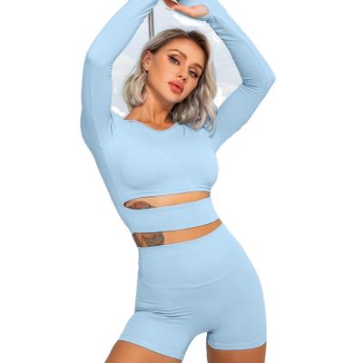 China Anti-UV Regeneration Nylon Long Sleeve Shorts Two Piece Set Gym Fitness Clothing Women Exercise Skin-friendly Nude Yoga Suit for sale