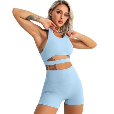 China Environmental Friendly Fabric Anti-UV Hollow Back Beautiful Sports Bra Shorts Fitness Set Naked Yoga Two Piece Set for sale