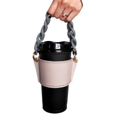 China INS Handmade Heat Insulation PU Leather Coffee Cup Sleeve Holder With Acrylic Metal Wear Chains for sale