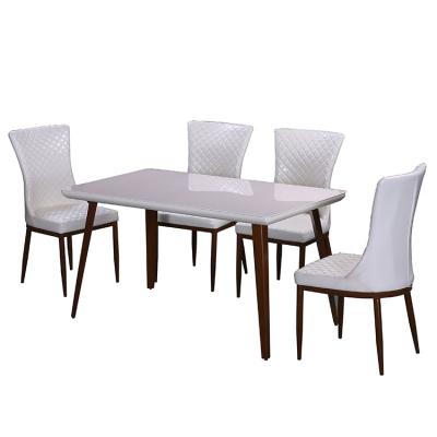 China Modern Furniture Modern Designs Cheap Tempered Glass Iron 4 Seater Dining Table And Chairs Set for sale