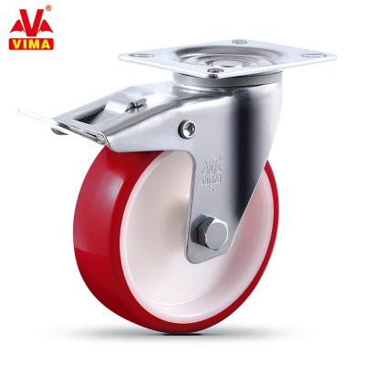 China VIMA 5 Inch Rigid Industrial Caster Wheels Swivel With Double Red Locking PU Trolley Caster Wheels for sale