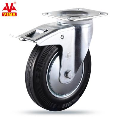 China Factory 8 Inch Rigid Industrial Casters With Brake European 12532 High Quality Rubber Caster Wheels for sale