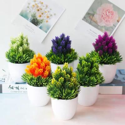 China Plastic Hot Sale Flower Potted Plant Pine Branches White Mini Pot Artificial Plant For Home Restaurant Decoration for sale