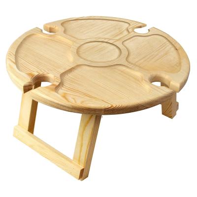 China Outdoor Eco-friendly Portable Folding Camping Table Pine Wood Wine Table Easy Carry With Glass Cup Holders for sale