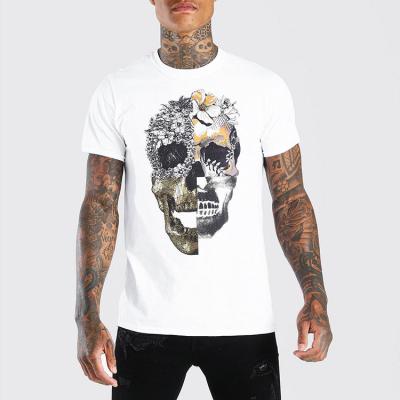 China Top Rated White T-shirt Skull Printing Simples Cotton Anti-wrinkle Mens Short Sleeve Round-Neck T-Shirts for sale