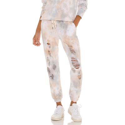 China Breathable Tie Dye Distressed Holes Jogger Women Drawstring Waist Reinforce Legs Walker Panties With Pockets for sale