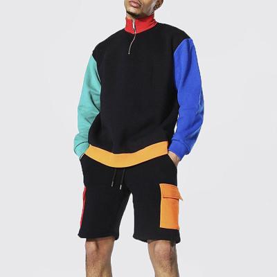 China Breathable Men Fashion Sport Wear Color Combination Tracksuit Zipper Up Collar Oversized Sweatshirt Cargo Pockets Shorts Sweatsuit for sale