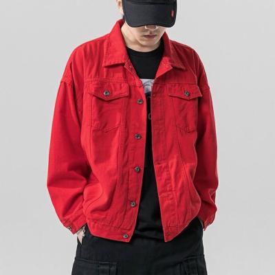 China wholesale Anti-Wrinkle Plus Size Mens Labor Solid Color Vintage Cotton Red Denim Jean Jacket Coat For Men for sale