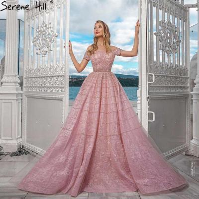 China Breathable Pink Off The Shoulder Short Sleeves Even Serene Hill LA70263 Dubai A Line Long Prom Dresses Beaded Party Dresses For Women Clothing for sale