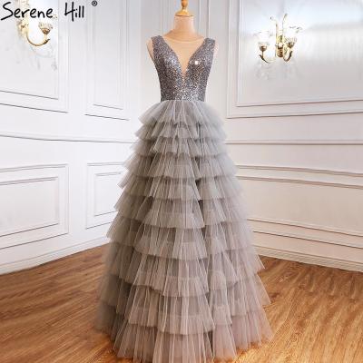 China Breathable Luxury Serene Hill Gray A Line Dresses 2021 Sexy Beaded Tiered Evening Dresses For Women Party LA70918 for sale