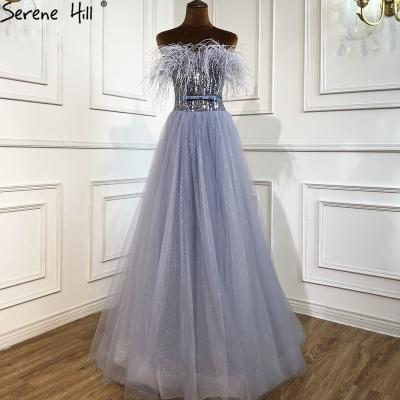 China Breathable Gray A Line Off The Shoulder Sleeveless Beaded Evening Dresses 2021 Serene Hill LA70803 Women Party Wear Dresses With Feathers for sale