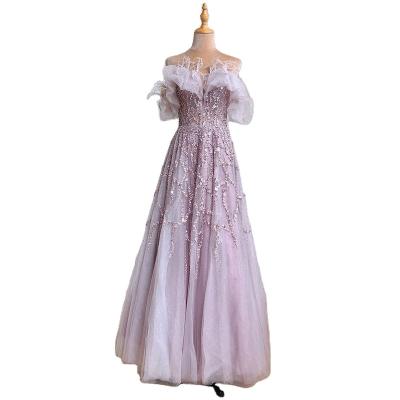 China Breathable Lilac A Line Off The Shoulder Evening Dresses Serene Hill LA71328 Feather Beaded 2022 Prom Dresses Formal Party Wear For Women for sale