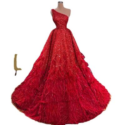 China Serene Hill LA70718 Women's Serene Hill Sleeveless Sequined Evening Party Dress Breathable Red Feather One Shoulder Dresses for sale