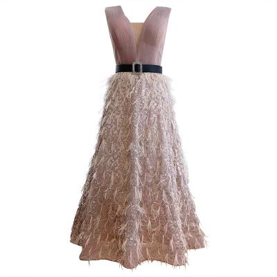 China Breathable Pink Sleeveless A Line Ankle Length Midi Dress For Women Serene Hill LA70367 Feathers Formal Party Dresses for sale