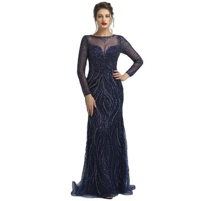 China Serene Hill LA6506 Gray Beaded Women Formal Party Long Sleeves Evening Dresses Navy Breathable Mermaid O Neck Long Dresses for sale