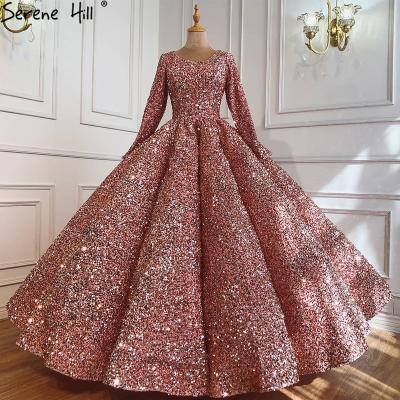 China Breathable Elegant Pink Muslim Sequined Wedding Dresses 2021 Serene Hill Long O Neck Bridal Ball Gowns HA2294 For Women Custom Made for sale