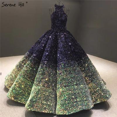 China Sexy Serene Hill Indigo Blue Gold Breathable Halter Gradient Color Wedding Dresses 2020 Luxury Sequined Ball Gowns Bridal Party Evening HA2297 for sale