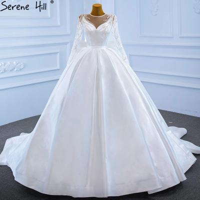 China Serene Hill White Breathable Satin Full Sheath Muslim Wedding Dresses Beading High End Lace Up Bridal Gowns With Big Bow At Back HM67233 for sale