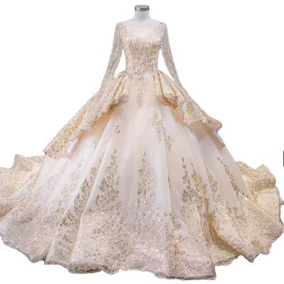 China Serene Hill HM66949 Long Sleeves Wedding Dresses Breathable Gold O Neck Sequined Lace Up Back Bridal Gowns For Women for sale