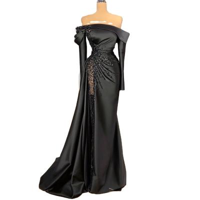 China Breathable Black Mermaid Off The Shoulder 2022 Serene Hill HM67153 Elegant Beaded Women Evening Dresses With Slit for sale