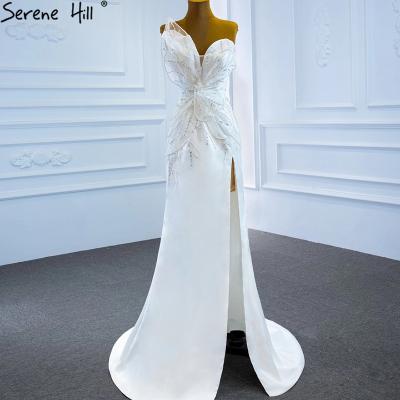 China 2021 Sweetheart One Shoulder Breathable White Wedding Dresses Serene Hill HM67188 Stain Beaded Mermaid Bridal Gowns With Slit for sale