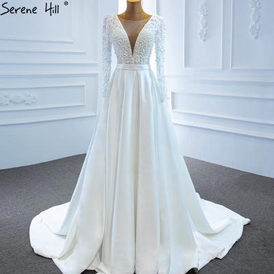 China Serene Hill Satin White 2021 Sexy Breathable V-Neck Wedding Dresses Long Sleeves Beading Pearls Women Bridal Gowns With Split HM67197 for sale