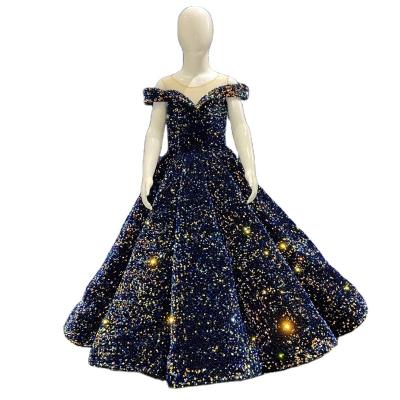 China Shiny Off-shoulder Indigo Blue Gold Sparkle Glitter Sequin Bridesmaid Dresses Serene Hill HTA0041 For Wedding Party Dresses For Kinds for sale