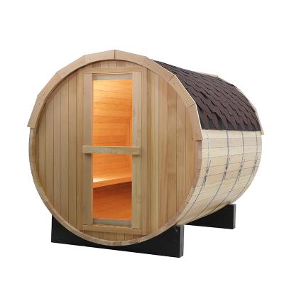 China With Round Cedar Wood Barrel Sauna Room Sauna Machine Hemlock Windows Transom Windows 7 Person Outdoor Sauna Room for sale