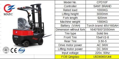 China Zhongcha 1000kg lead acid machinery repair shops or lithium battery CPD10 forklift price for sale