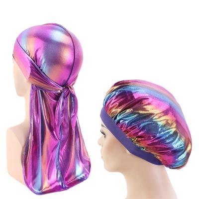 China Image Fashion 2pcs Set Laser Hologram Durag Men and Women 360 Couple Silky Durags and Hoods Set for sale