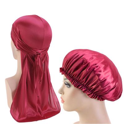 China Picture New Hair Accessories Silky Durag and Hood 2pcs Set Men's Durag and Women's Hair Hood Cap for sale