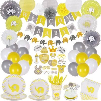 China Birthday Party Light Decoration Garland Balloon Banner Baby Shower Elephant Paper Plate Cup Blue Yellow Gender Reveal Table Decoration for sale