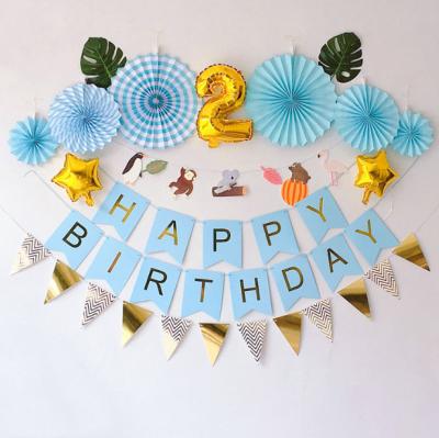 China Non-Toxic Happy Birthday Party Party Black White Hanging Paper Decoration Set Blue Paper Fan Set And Paper Banner Backdrop Kids Party Supplies for sale