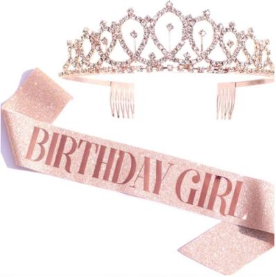 China Rose Gold 18th 21st 30th Birthday Girl Sash Happy Birthday Rhinestone Crown Decoration Birthday Party Flashing Decoration Set Supplies for sale