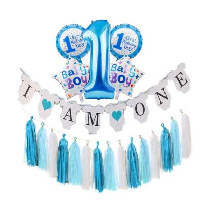 China 1st Birthday Party Number One Banner Foil Balloon Decor Flashing Blue Pink Tassel Bunting Garland Gender Reveal Baby Shower Decoration for sale