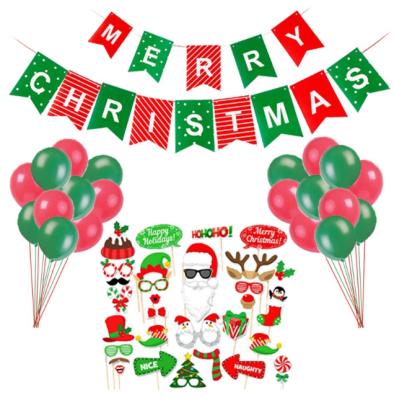 China 2021 Eco-friendly Disposable Hot Sale Christmas Decoration Set Merry Christmas Pull Flag Paper Fan Flower Tassel Red Green Latex Balloon Kit for sale