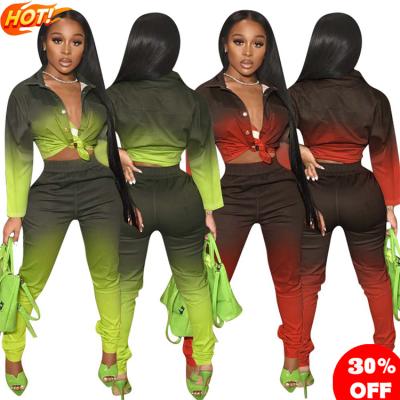 China Newest QUICK DRY design gradient color long sleeve top skinny jogger pants set to fall two piece sets for women for sale