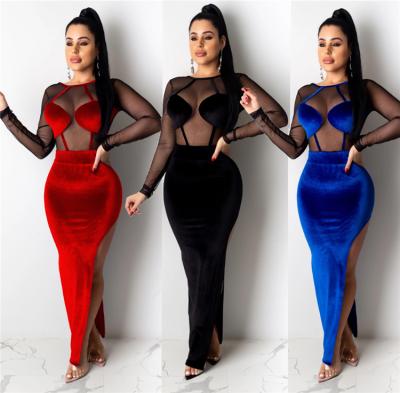 China Product Stain Mesh Dress Long Mesh Bodycon Velvet Dress Anti-Static Warm Night Transparent Mesh Dress Women Plus Size for sale