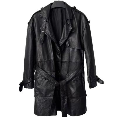 China Windproof mid length leather coat for women with big pockets sheepskin jacket anorak for sale